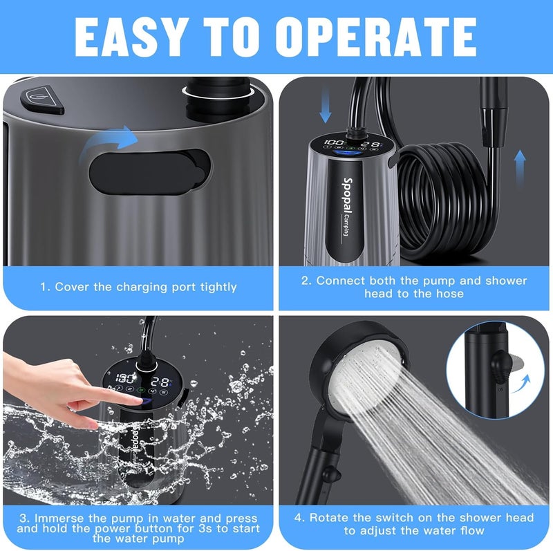 Spopal Portable Shower for Camping, [Upgraded] 10000mAh Rechargeable Camping Shower with 5 Adjustable Speeds,Premium LED Display, IPX8 Waterproof Outdoor Shower Kit for Hiking, Car, Pet, Travel - Image 5